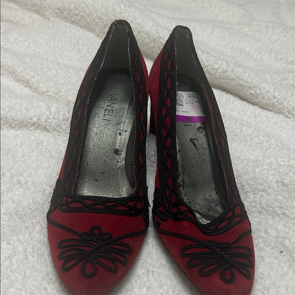 Vaneli Red and Black Embroidered Heels